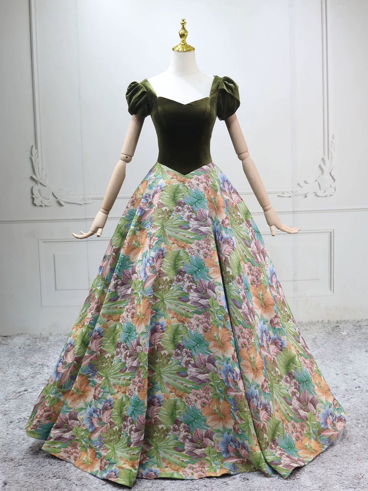 A-Line Short Sleeves Green Long Classy Prom Dress, Printed Satin Green Long Prom Dress Main image