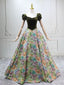 A-Line Short Sleeves Green Long Classy Prom Dress, Printed Satin Green Long Prom Dress