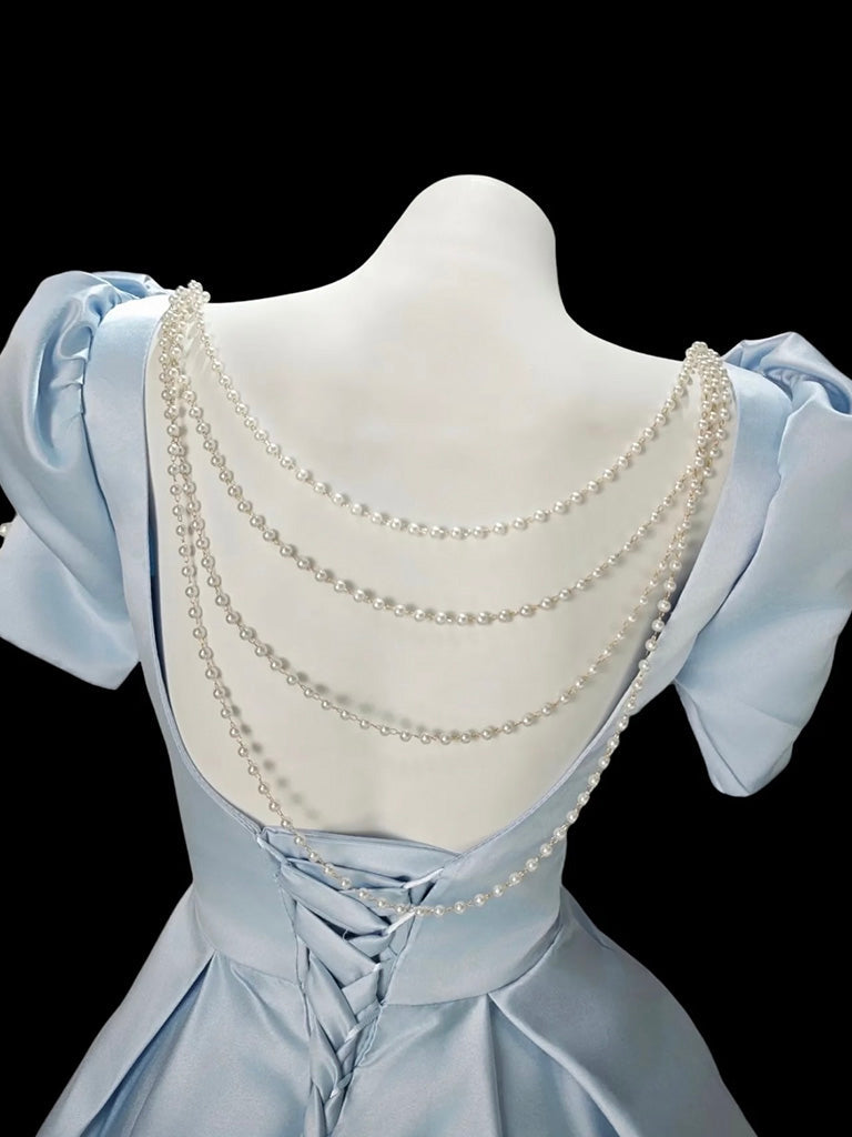 A-Line Short Sleeves Satin Blue Short Classy Prom Dress With Beads Secondary image