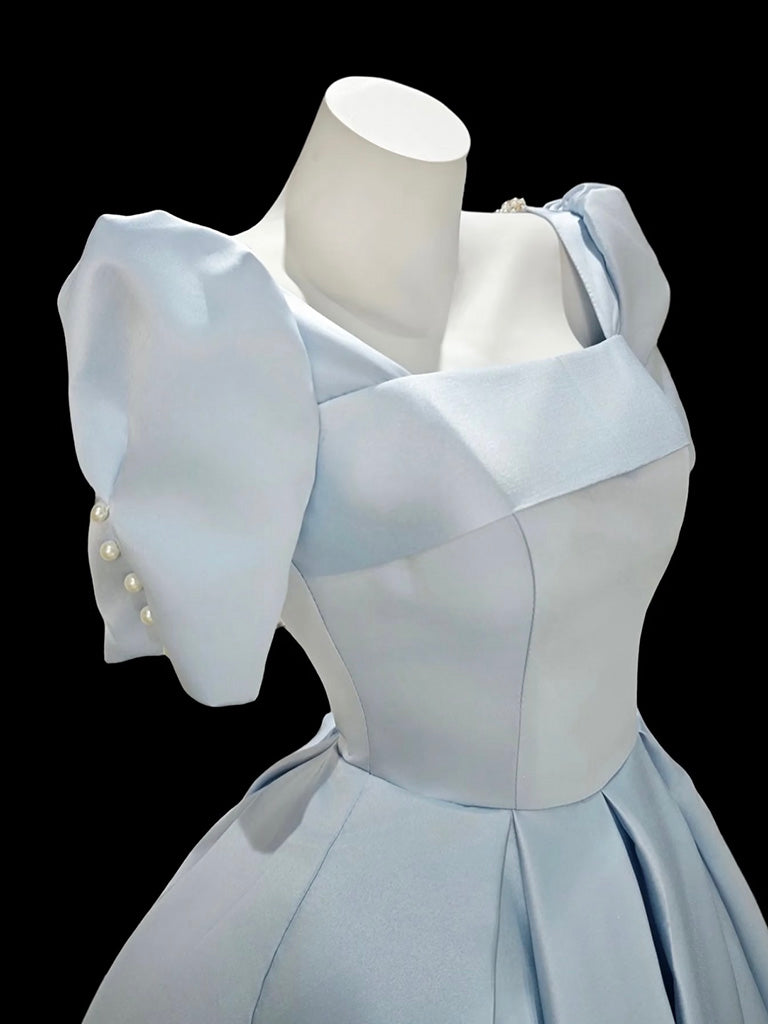 A-Line Short Sleeves Satin Blue Short Classy Prom Dress With Beads
