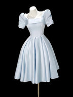 A-Line Short Sleeves Satin Blue Short Classy Prom Dress With Beads