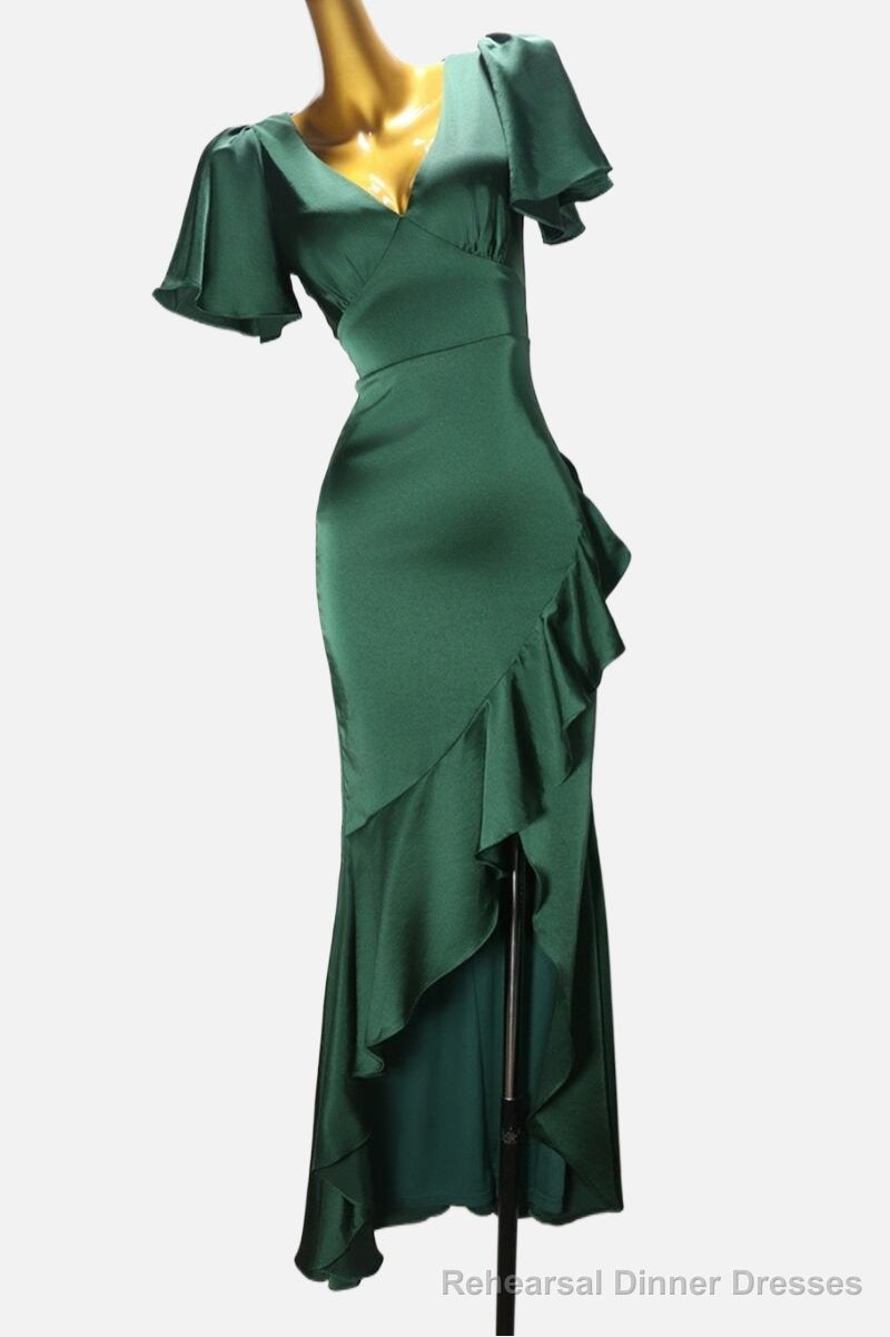 A-line Short Sleeves Silk Like Satin V-neck Ruffles Asymmetrical Bridesmaid Dress Main image