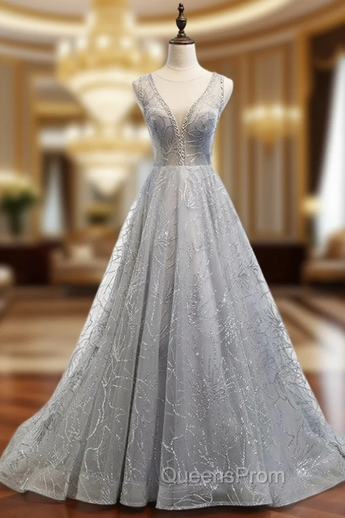 A-Line Silver Gray Tulle Sequins See Through V-neck Backless Evening Prom Dress