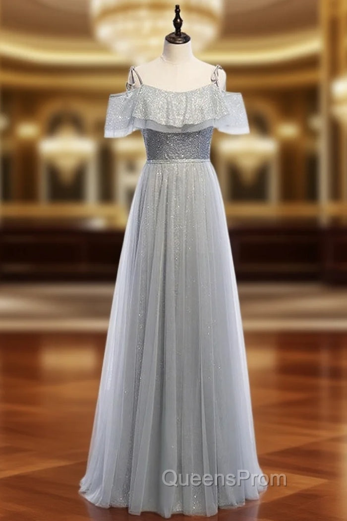 A-Line Silver Gray Tulle Sequins Spaghetti Straps Evening Prom Dress
