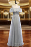 A-Line Silver Gray Tulle Sequins Spaghetti Straps Evening Prom Dress