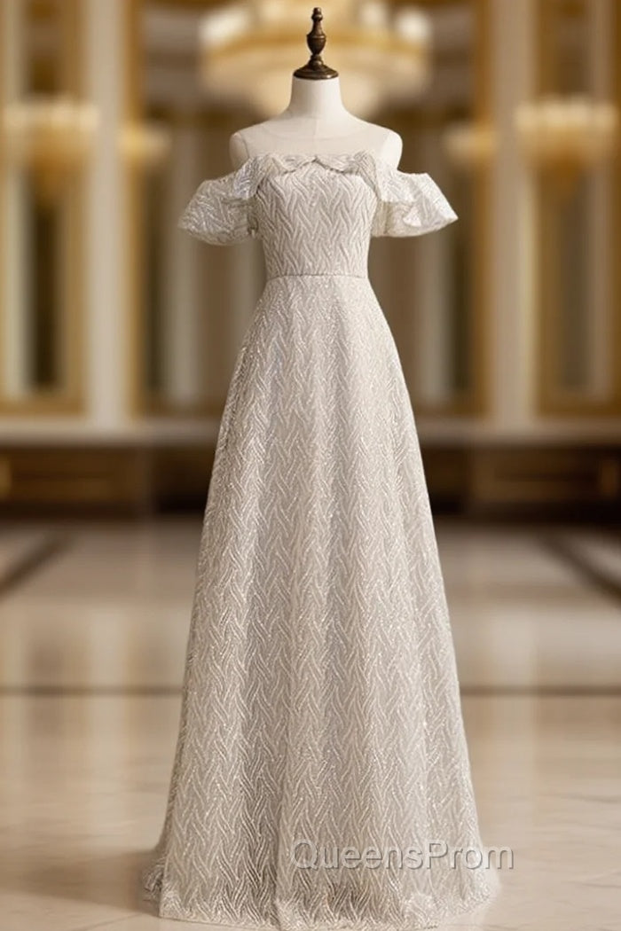 A-Line Silver Sequins Bateau Neck Long Evening Prom Dress