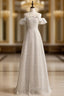 A-Line Silver Sequins Bateau Neck Long Evening Prom Dress