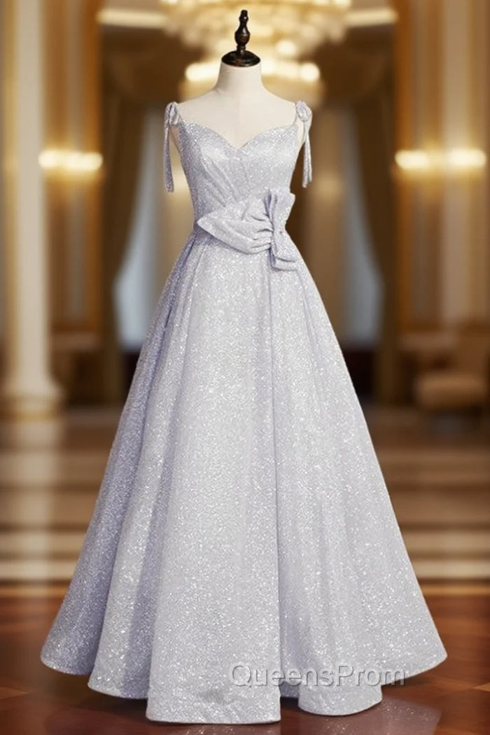A-Line Silver Sequins Spaghetti Straps Evening Prom Dress With Bow Main image
