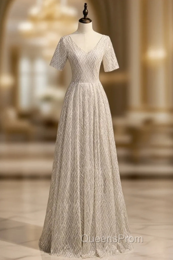 A-Line Silver Sequins V-neck Short Sleeve Evening Prom Dress
