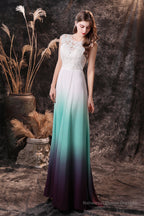 A Line Sleeveless Appliques Ombre Silk Like Satin Floor Length Prom Dresses