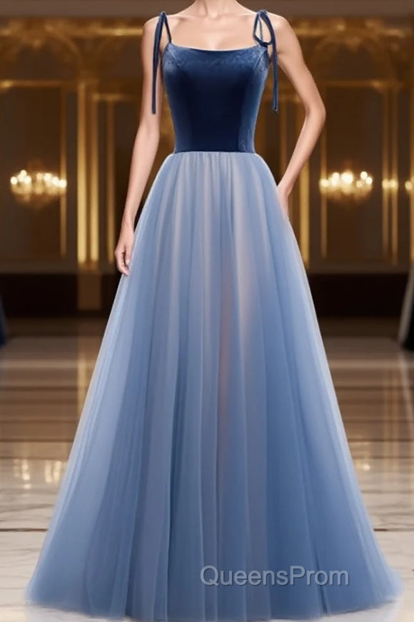 A Line Sleeveless Floor Length Blue Evening Prom Dress, Blue Long Formal Bridesmaid Evening Dress