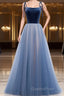 A Line Sleeveless Floor Length Blue Evening Prom Dress, Blue Long Formal Bridesmaid Evening Dress