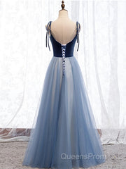 A Line Sleeveless Floor Length Blue Evening Prom Dress, Blue Long Formal Bridesmaid Evening Dress