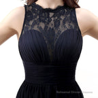 A Line Sleeveless Lace Chiffon Long Black Prom Dresses