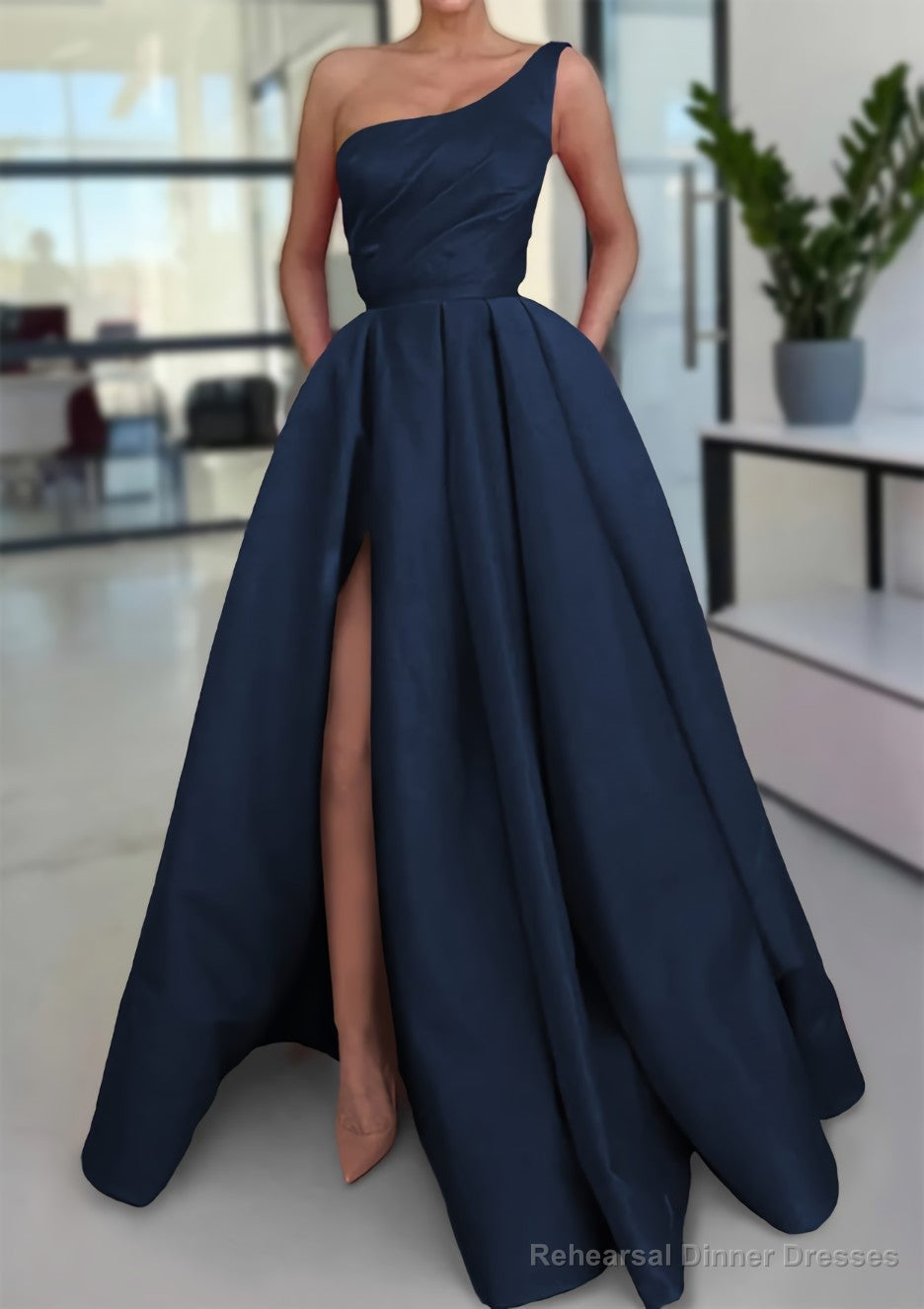 A-line Sleeveless One-Shoulder Long/Floor-Length Satin Prom Dresses With Split Ruffles Pockets Secondary image