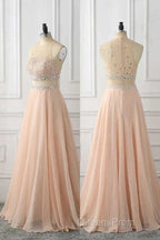 A Line Sleeveless Rhinestone Chiffon Long Evening Prom Dress Floor Length Sparkly