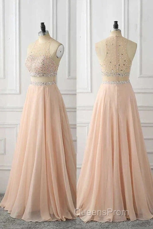 A Line Sleeveless Rhinestone Chiffon Long Evening Prom Dress Floor Length Sparkly