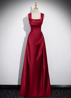 A-Line Sleeveless Wine Red Satin Classy Evening Dress, Wine Red Long Classy Prom Dress