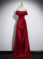A-Line Sleeveless Wine Red Satin Classy Evening Dress, Wine Red Long Classy Prom Dress