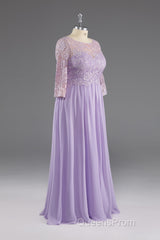 Lilac A-Line 3/4 Sleeves Scoop Lace Evening Prom Dress