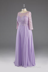 Lilac A-Line 3/4 Sleeves Scoop Lace Evening Prom Dress