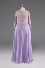 Lilac A-Line 3/4 Sleeves Scoop Lace Evening Prom Dress