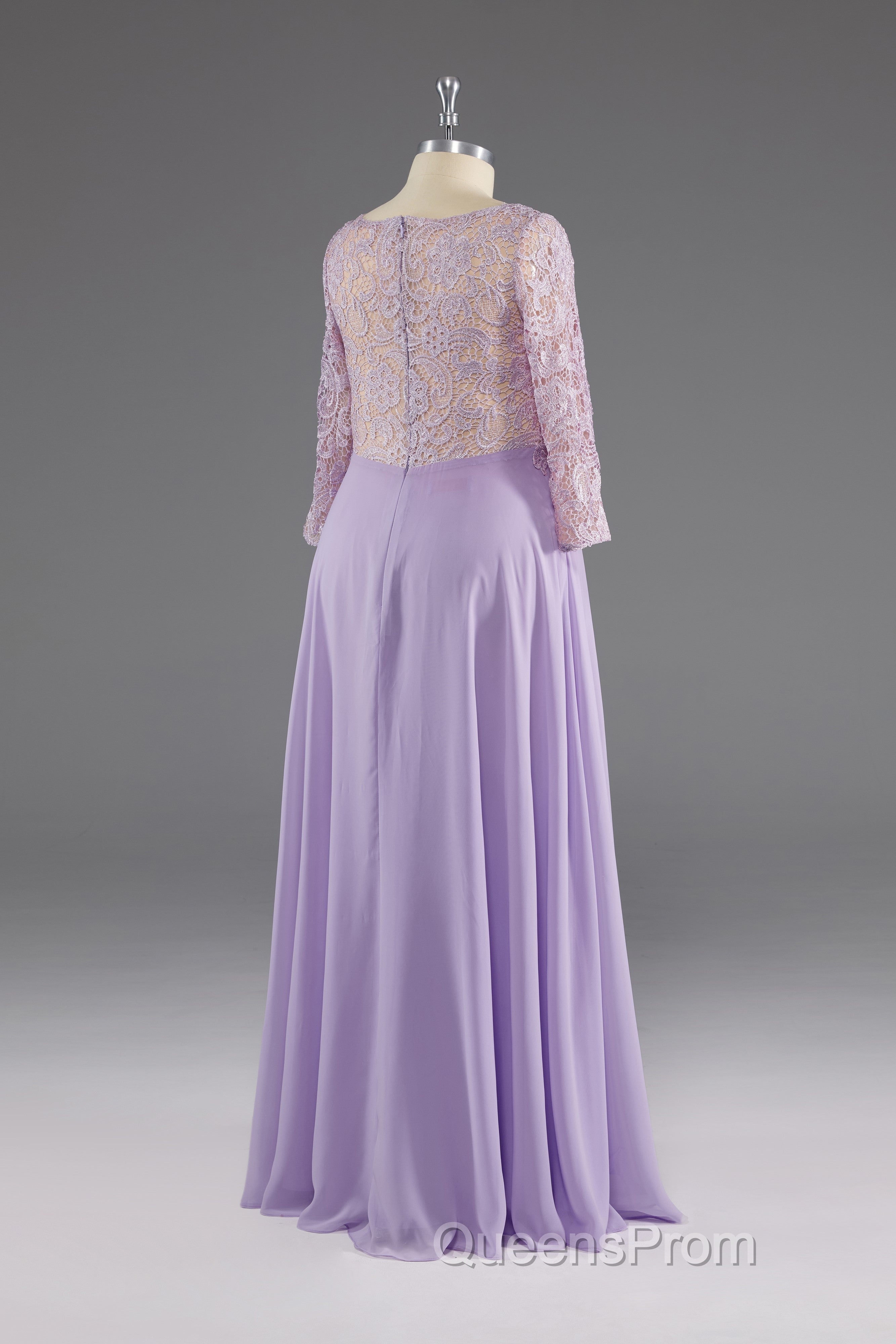 Lilac A-Line 3/4 Sleeves Scoop Lace Evening Prom Dress