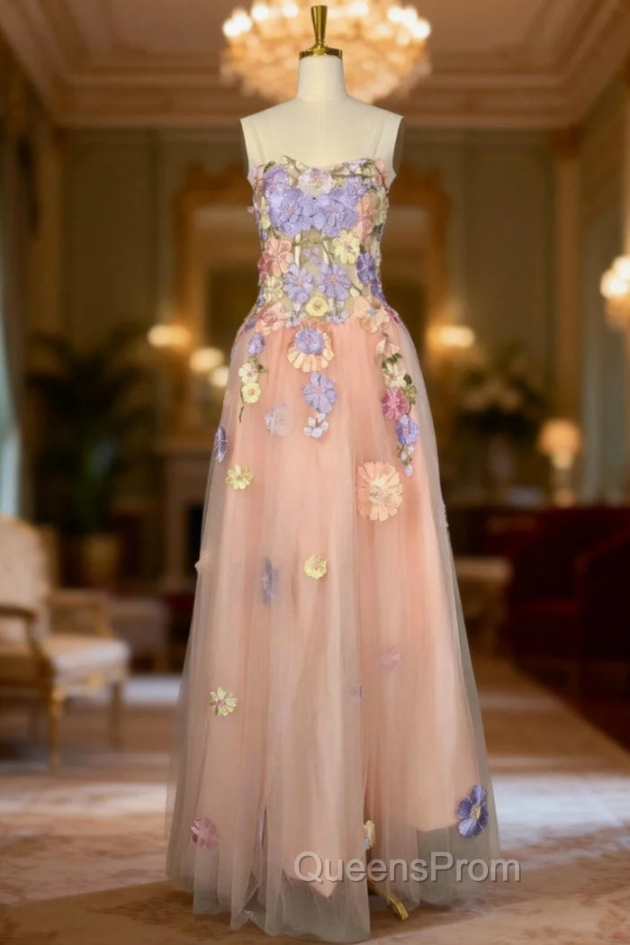 A Line Spaghetti Corset Evening Prom Dress With 3D Flowers Evening Dress Main image