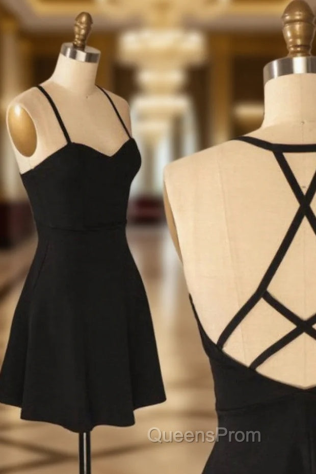 A-Line Spaghetti Criss-Cross Straps Satin Black Homecoming Dress With Pleats Main image