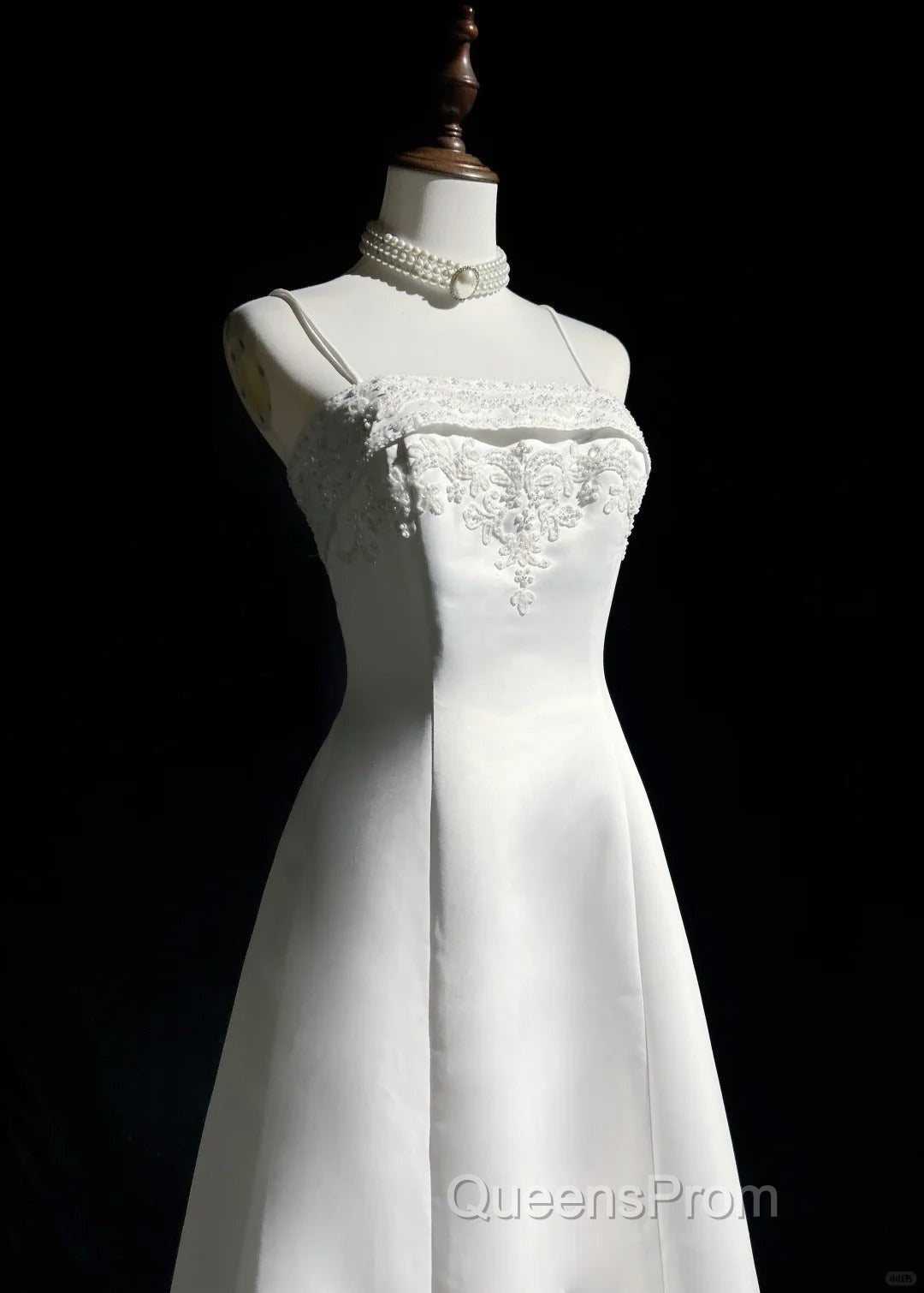 A-Line Spaghetti Strap Beaded Satin Long Evening Prom Dress White Wedding Dress Graduation Evening Prom Dress