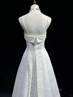 A-Line Spaghetti Strap Beaded Satin Long Evening Prom Dress White Wedding Dress Graduation Evening Prom Dress