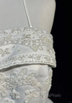 A-Line Spaghetti Strap Beaded Satin Long Evening Prom Dress White Wedding Dress Graduation Evening Prom Dress