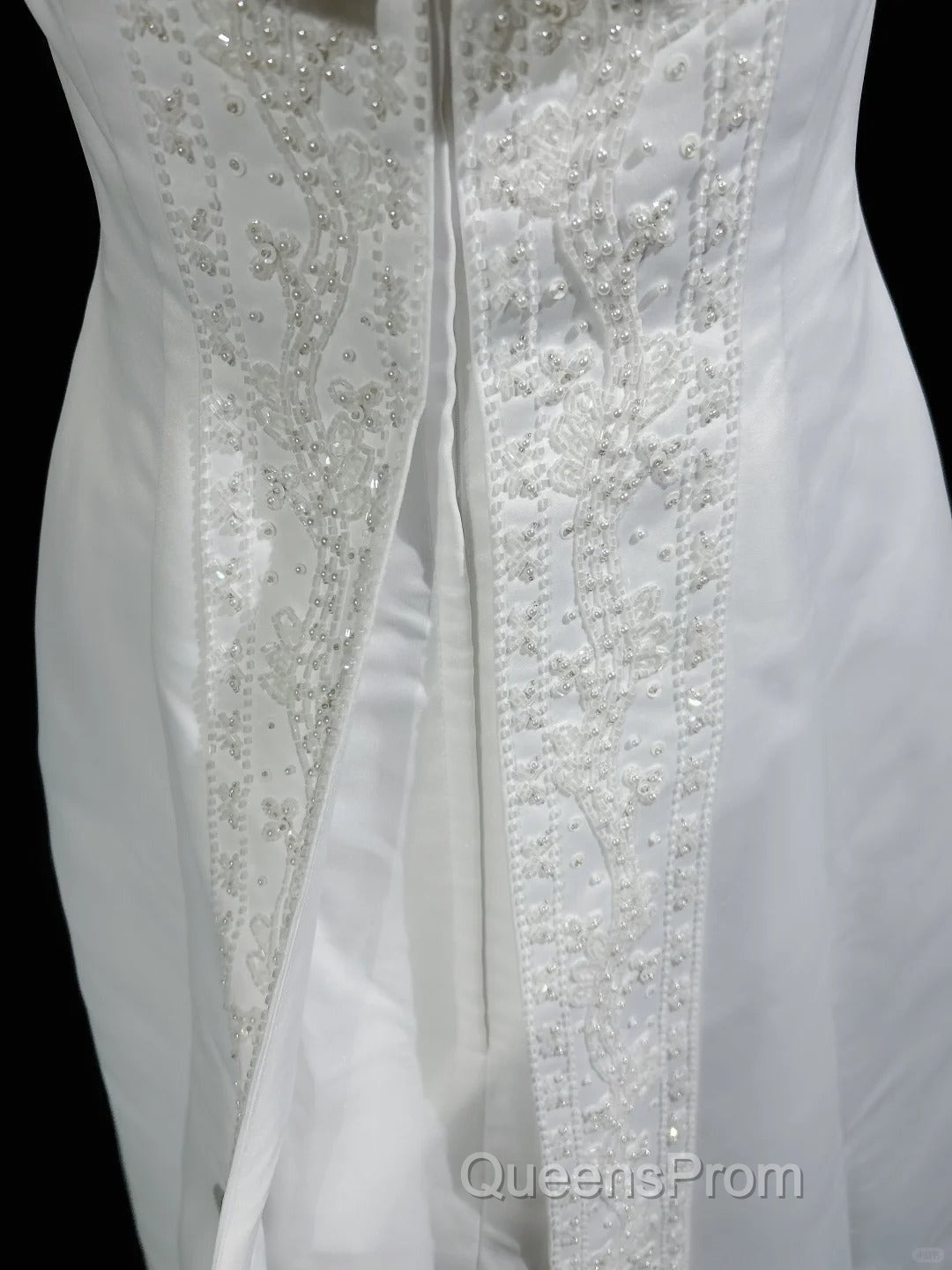 A-Line Spaghetti Strap Beaded Satin Long Evening Prom Dress White Wedding Dress Graduation Evening Prom Dress
