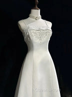 A-Line Spaghetti Strap Beaded Satin Long Evening Prom Dress White Wedding Dress Graduation Evening Prom Dress