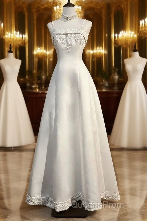 A-Line Spaghetti Strap Beaded Satin Long Evening Prom Dress White Wedding Dress Graduation Evening Prom Dress Main image