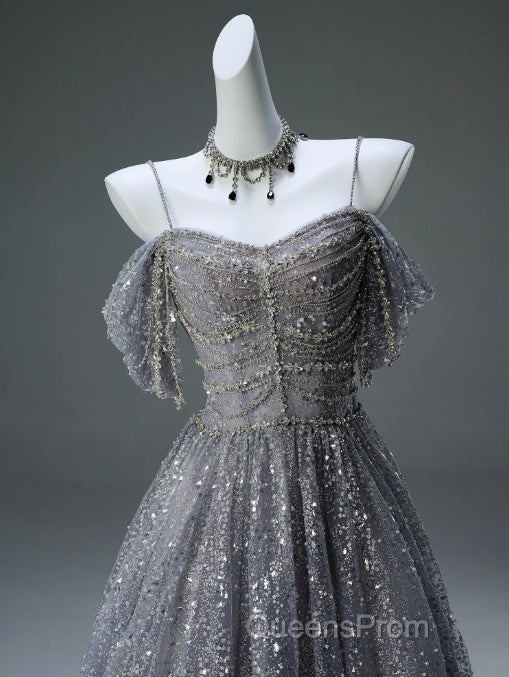 A-Line Spaghetti Strap Mesh Sequin Long Evening Prom Dress Graduation Evening Prom Adult Ceremony Dress Secondary image