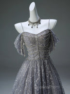 A-Line Spaghetti Strap Mesh Sequin Long Evening Prom Dress Graduation Evening Prom Adult Ceremony Dress