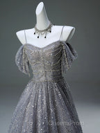 A-Line Spaghetti Strap Mesh Sequin Long Evening Prom Dress Graduation Evening Prom Adult Ceremony Dress