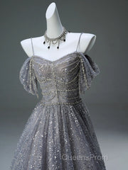 A-Line Spaghetti Strap Mesh Sequin Long Evening Prom Dress Graduation Evening Prom Adult Ceremony Dress