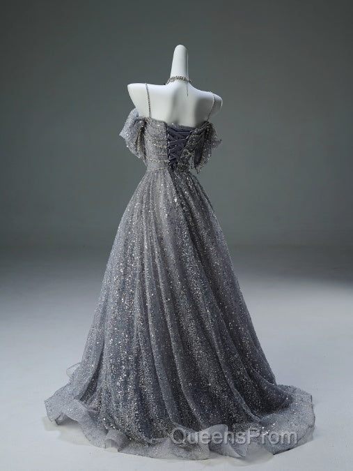 A-Line Spaghetti Strap Mesh Sequin Long Evening Prom Dress Graduation Evening Prom Adult Ceremony Dress
