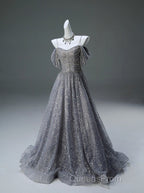 A-Line Spaghetti Strap Mesh Sequin Long Evening Prom Dress Graduation Evening Prom Adult Ceremony Dress
