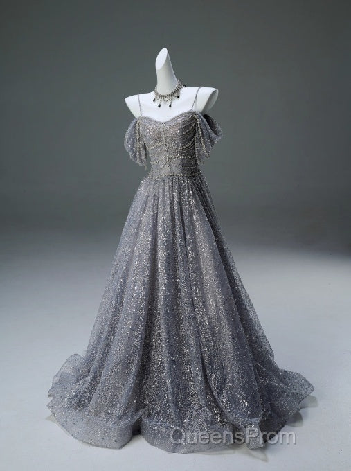 A-Line Spaghetti Strap Mesh Sequin Long Evening Prom Dress Graduation Evening Prom Adult Ceremony Dress