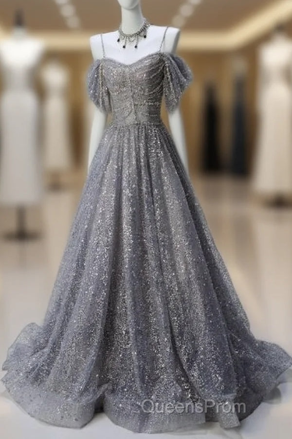 A-Line Spaghetti Strap Mesh Sequin Long Evening Prom Dress Graduation Evening Prom Adult Ceremony Dress Main image