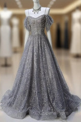 A-Line Spaghetti Strap Mesh Sequin Long Evening Prom Dress Graduation Evening Prom Adult Ceremony Dress