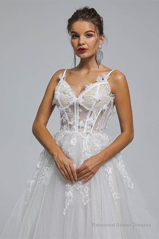 A-Line Spaghetti Strap Sweetheart Tulle Applique Floor-Length Sleeveless Wedding Dresses Main image