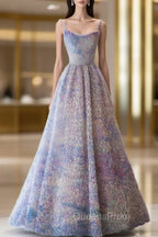 A-Line Spaghetti Strap Tulle Applique Long Evening Prom Dress Adult Ceremony Birthday Dress
