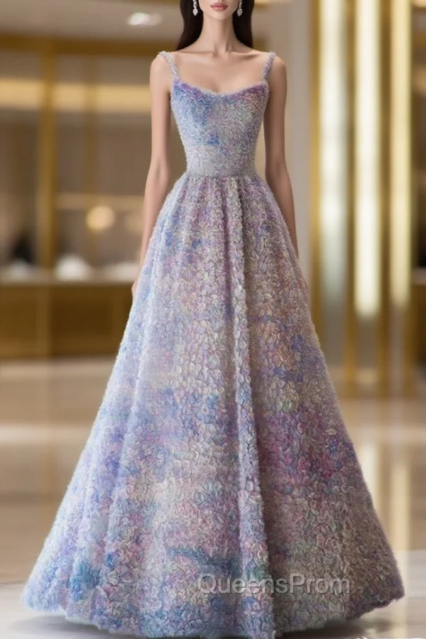 A-Line Spaghetti Strap Tulle Applique Long Evening Prom Dress Adult Ceremony Birthday Dress