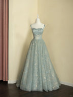 Chic Spaghetti Straps A-Line Embroidery Satin Tulle Long Prom Dresses,Sweet 16 Dress With Appliqué