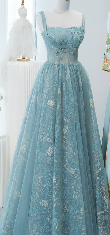 Chic Spaghetti Straps A-Line Embroidery Satin Tulle Long Prom Dresses,Sweet 16 Dress With Appliqué
