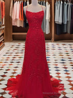A-line Spaghetti Straps Appliques Lace Sweep Train Tulle Dress